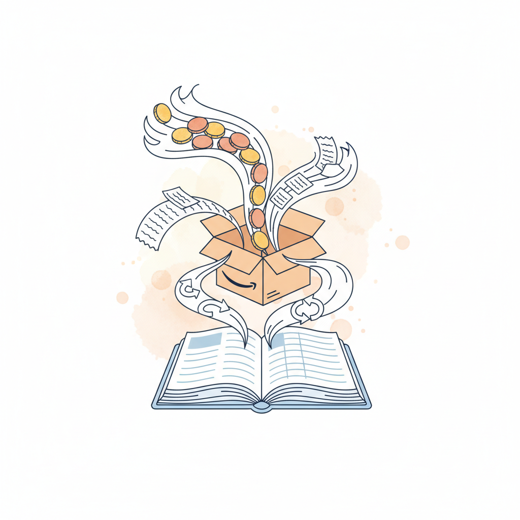 Watercolour illustration of a shipping box with streams of coins, receipts and return arrows flowing into a ledger