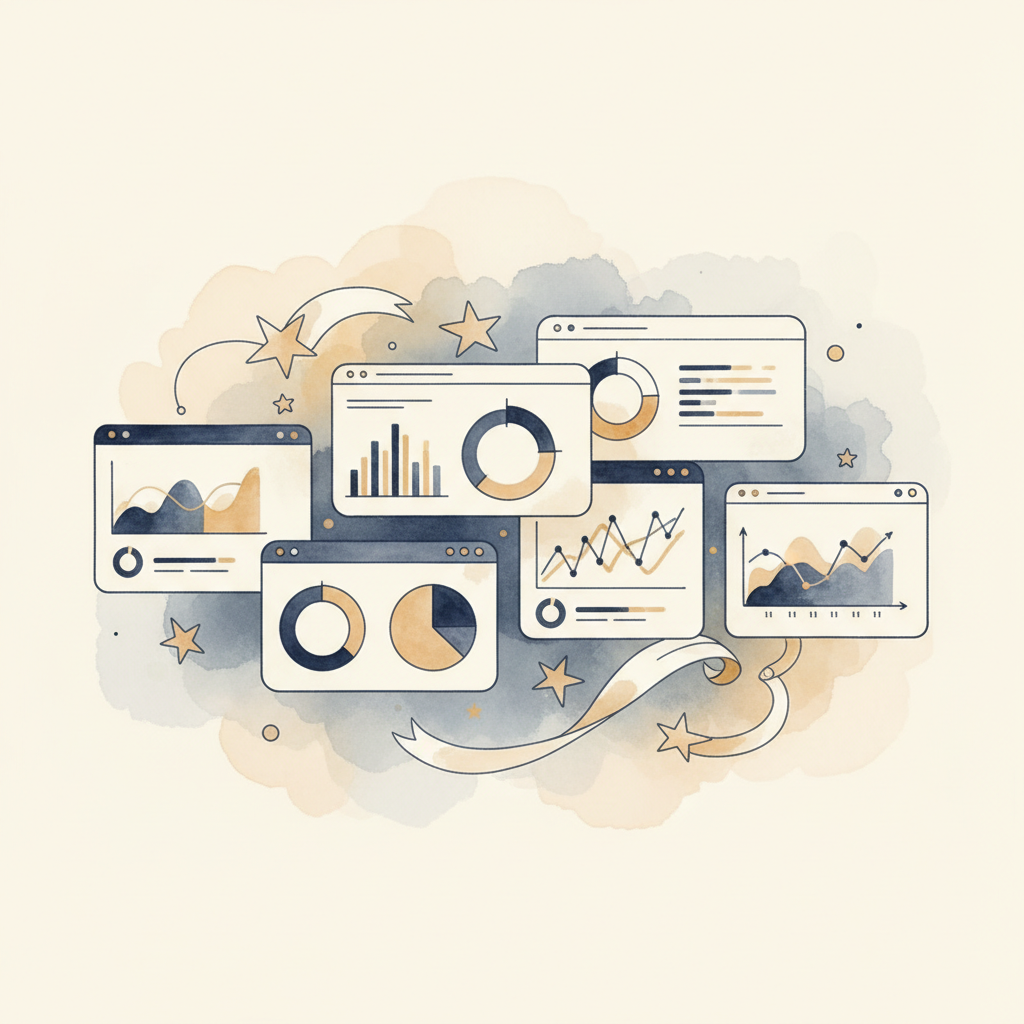 Watercolour illustration of reconciliation software dashboard interfaces