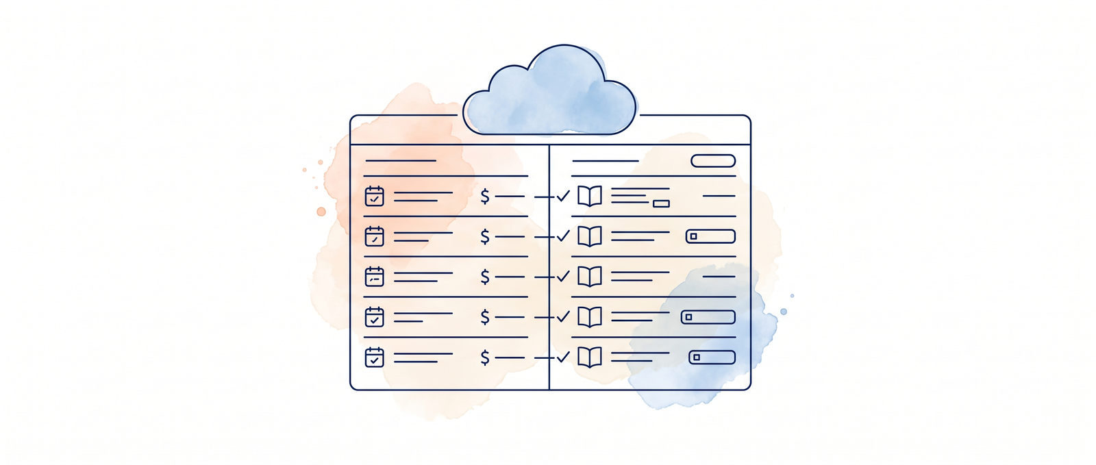 Watercolour illustration of bank transaction lines being sorted into categories on a Xero reconciliation screen beneath a blue cloud