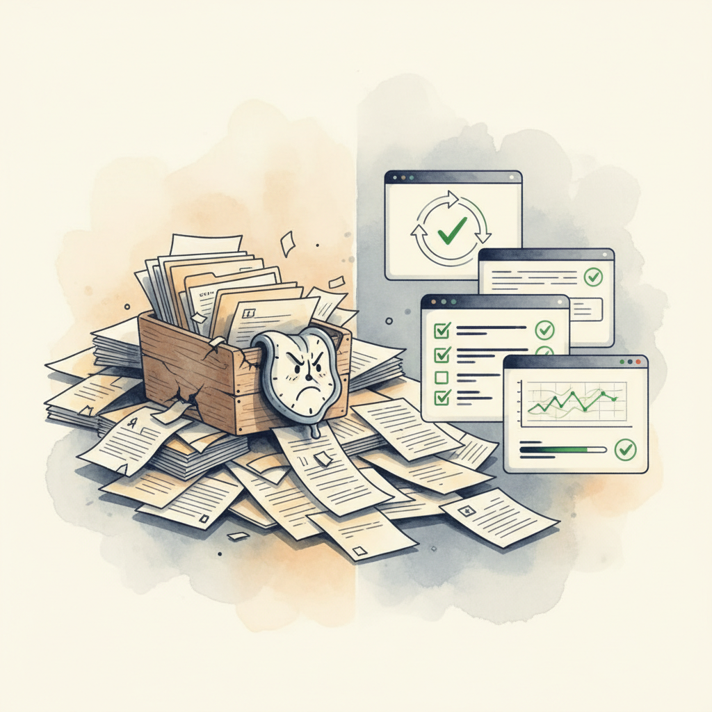 Watercolour illustration comparing manual paperwork with automated digital processing