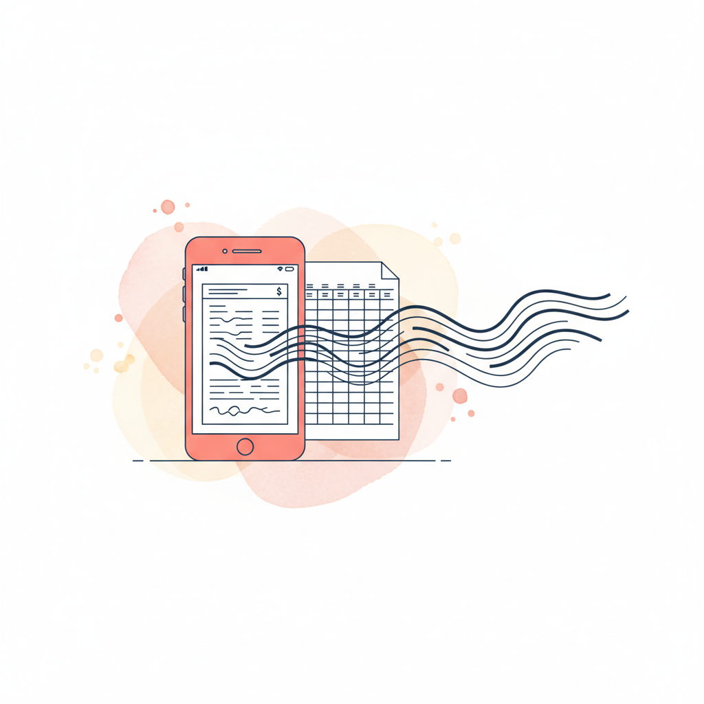 Watercolour illustration of a Monzo bank statement flowing from phone to spreadsheet