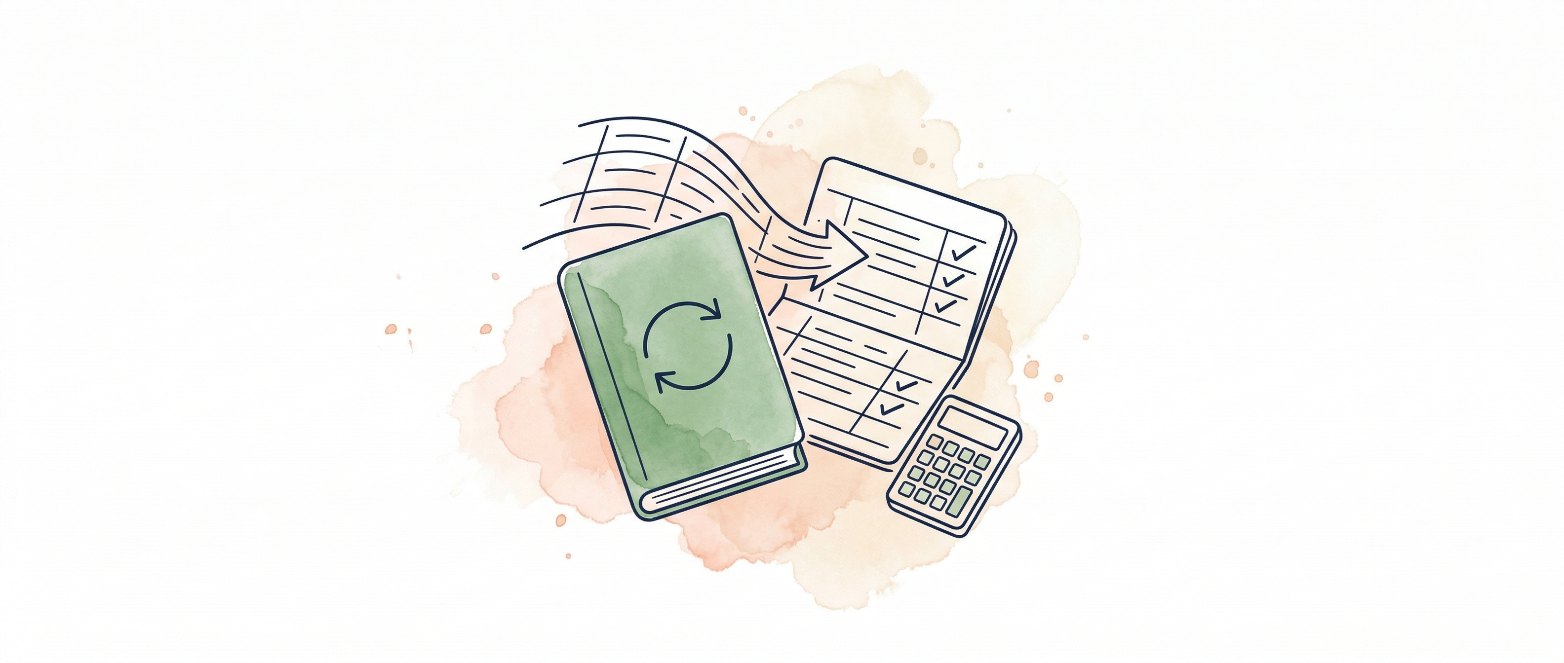 Watercolour illustration of QuickBooks ledger with sync symbol and transaction matching