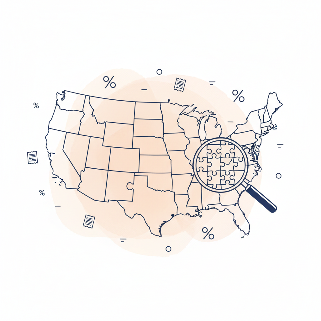 Watercolour illustration of a United States map made of puzzle pieces with tax percentage symbols