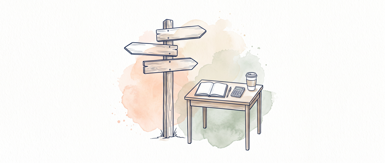 Watercolour illustration of a crossroads signpost beside a small desk with an open ledger and a calculator
