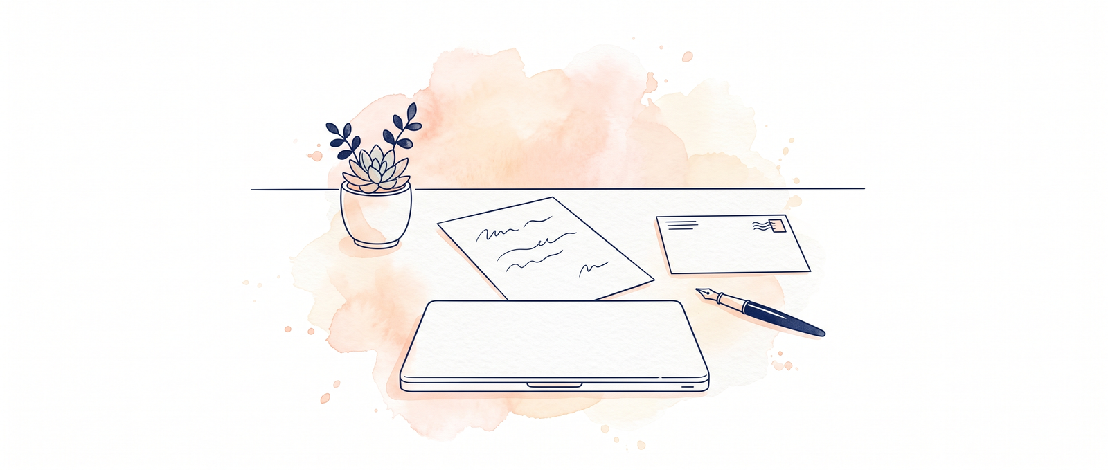 A single handwritten sheet on a small business desk beside an envelope, a fountain pen, a closed laptop and a potted plant.