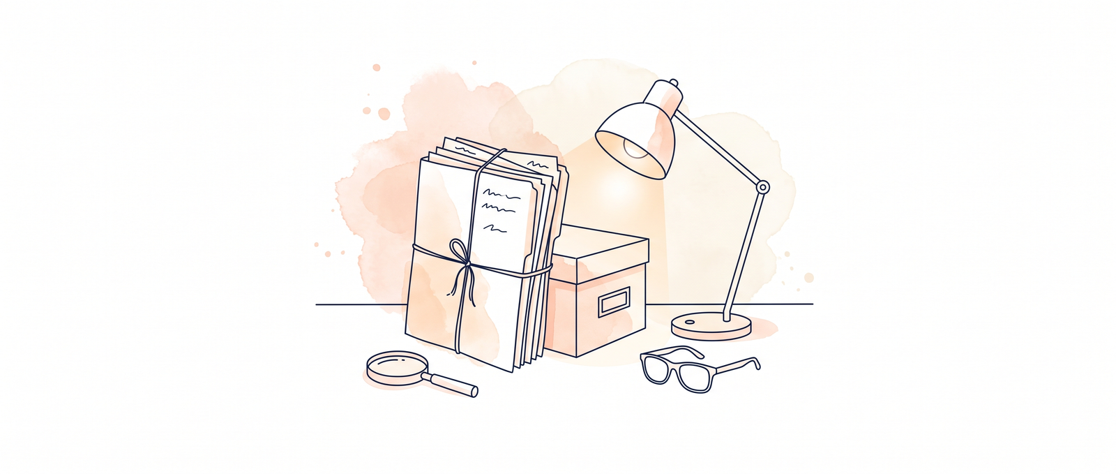 A stack of year-end paper folders tied with string beside an archive box, a desk lamp, a magnifying glass and reading glasses.