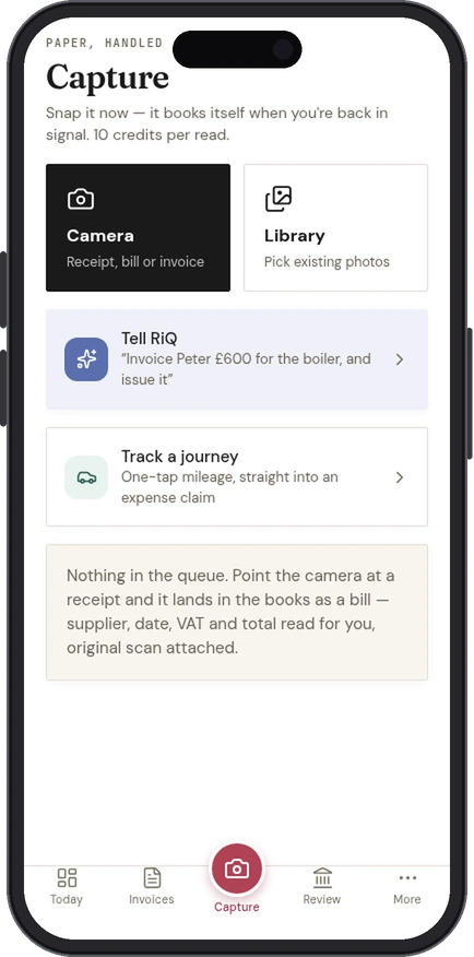 IQ Books app: capture a receipt with the camera, or track a journey
