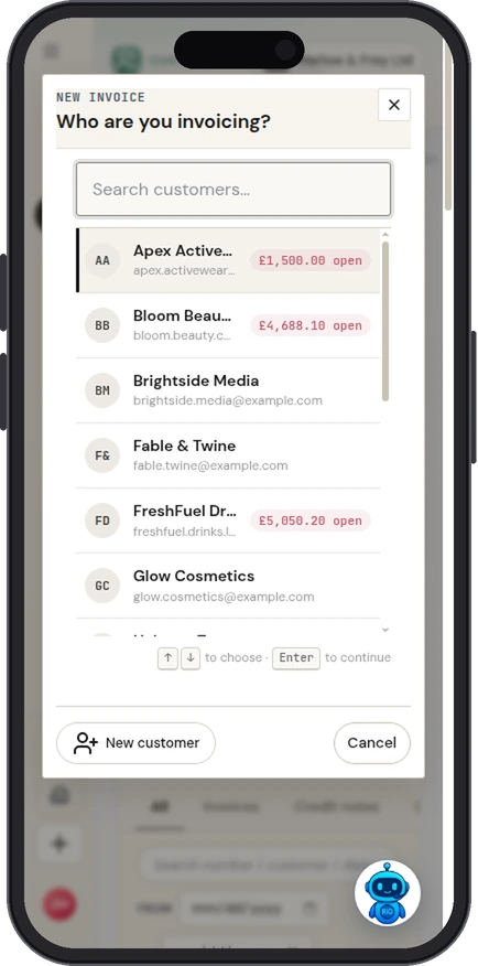 IQ Books on a phone: an invoice ready to send
