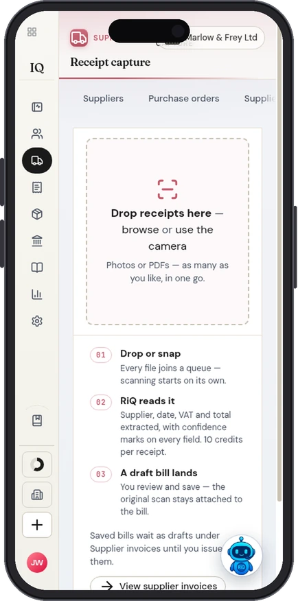 IQ Books receipt capture on a phone: drop receipts and RiQ reads the supplier, date, VAT and total