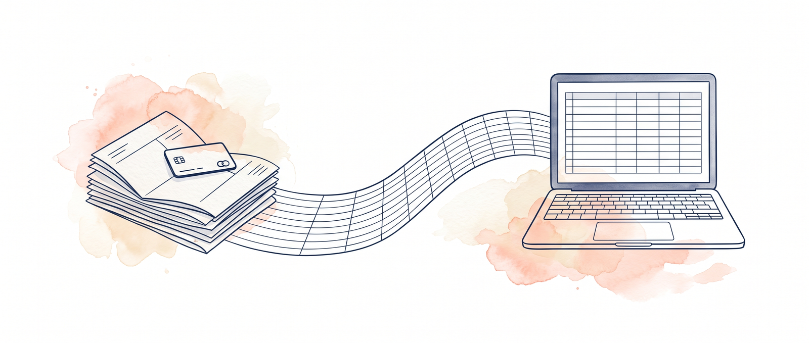 Watercolour illustration of a stack of Royal Bank of Scotland statements turning into a tidy spreadsheet grid