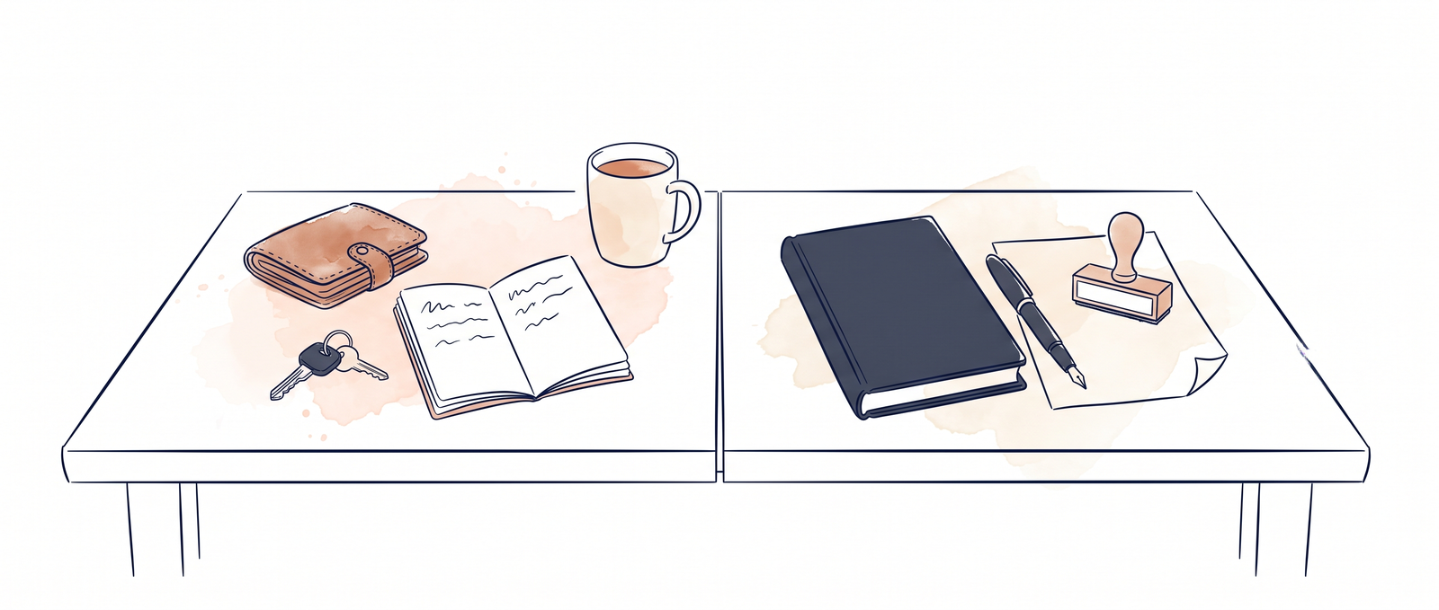 A wooden desk split in two: a leather wallet, a van key and a notebook on one side, a hardback ledger, a fountain pen and a blank rubber stamp on the other.