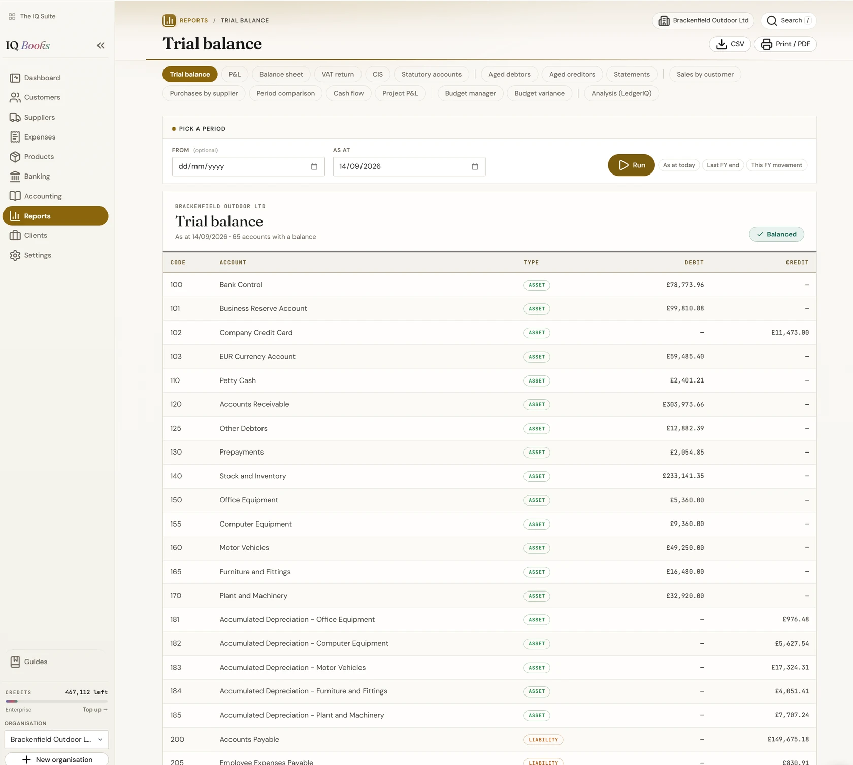 IQ Books reports: a limited company's trial balance with the report suite alongside, including P&L, balance sheet, VAT return and statutory accounts