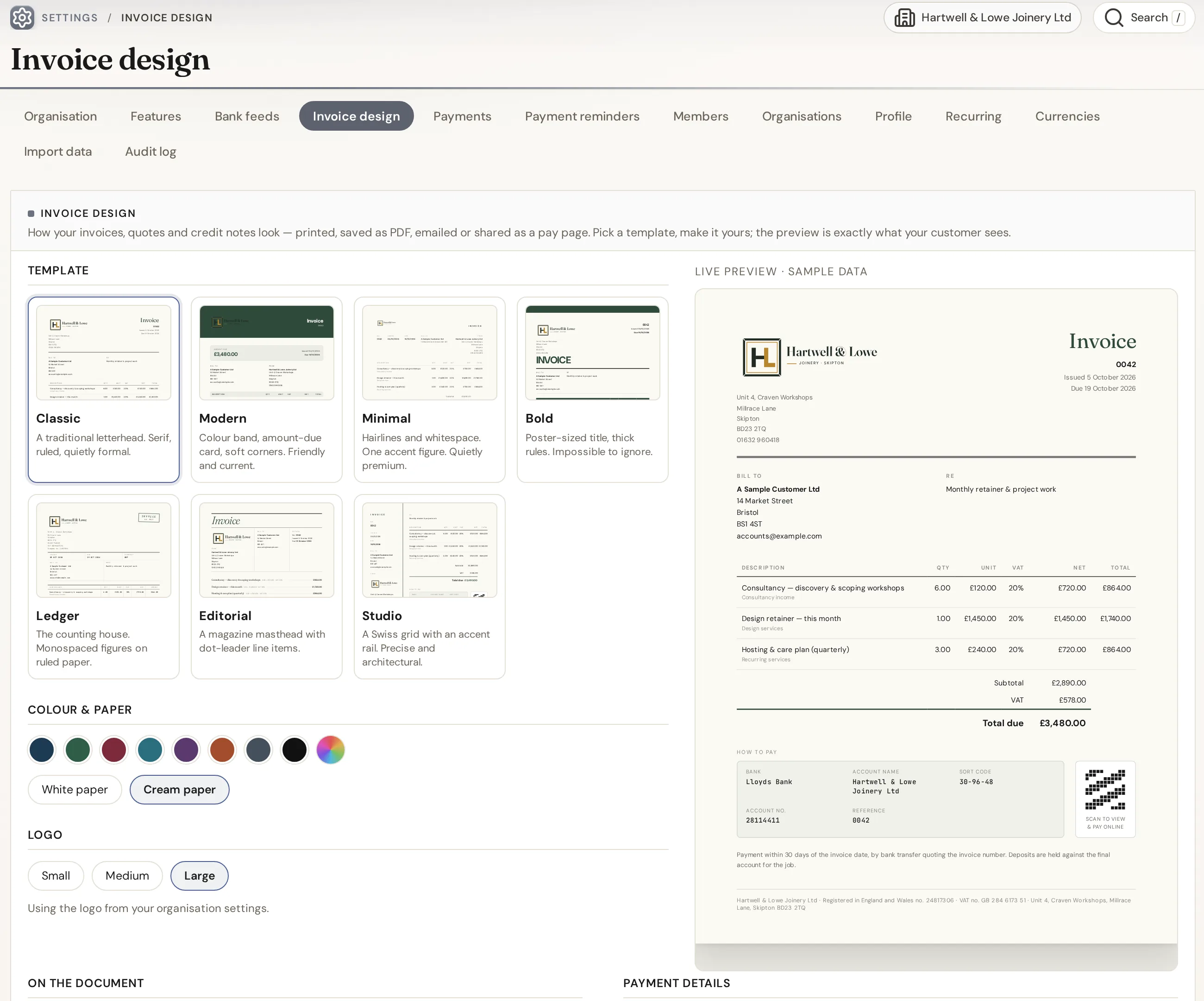 IQ Books invoice design settings: the seven templates, colour and paper choices, logo size and a live A4 preview