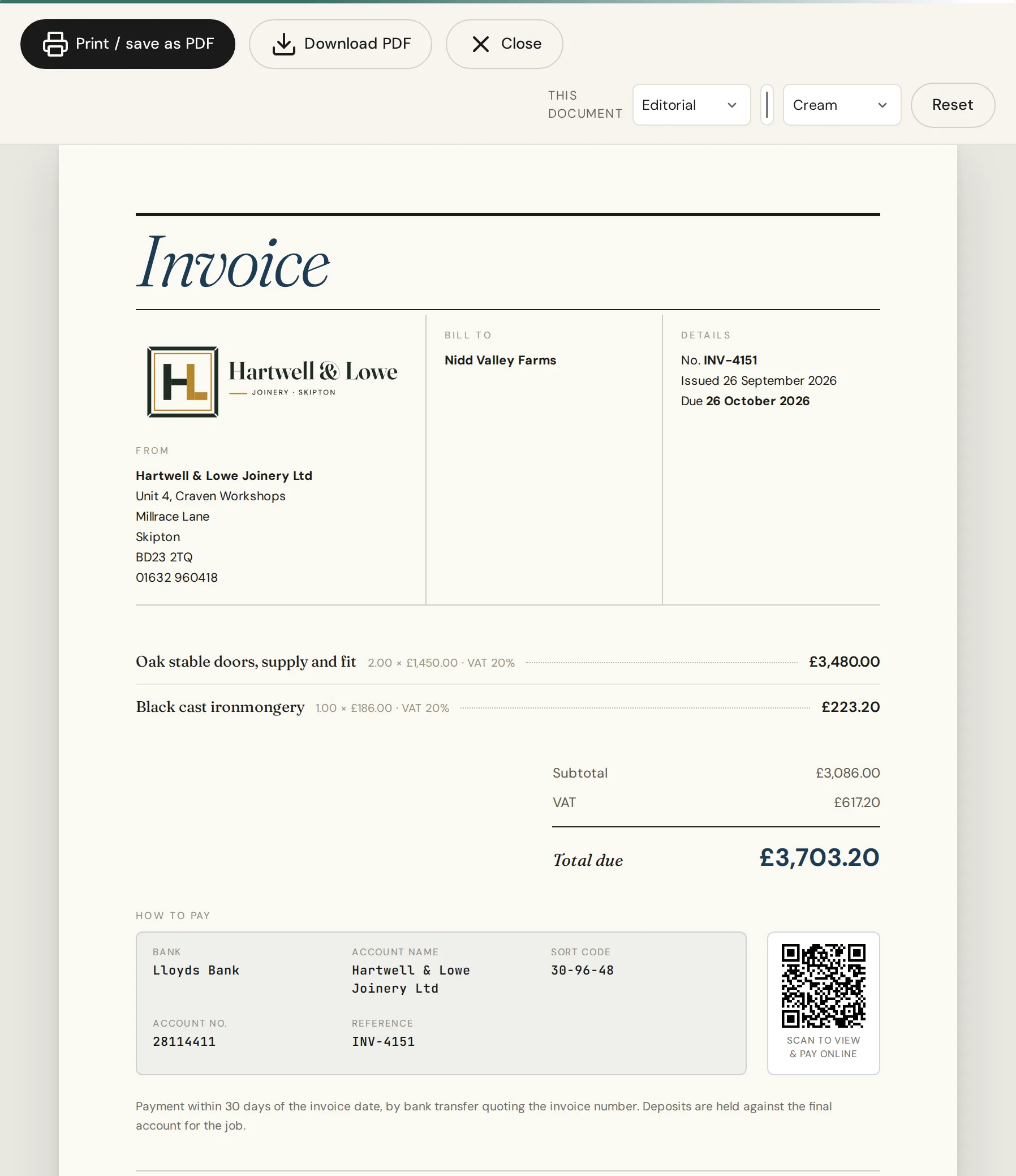 An IQ Books VAT invoice in the Editorial design: VAT at 20% on each line, the VAT total, bank details and a scan-to-pay QR code