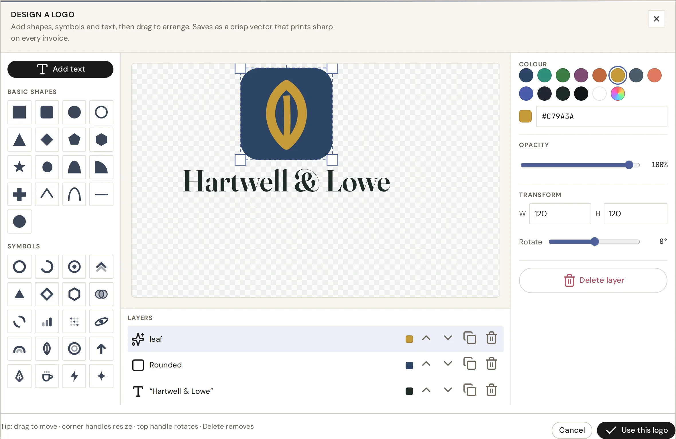 Logo Studio in IQ Books: a logo built from a shape, a symbol and text, with the layers panel and colour controls