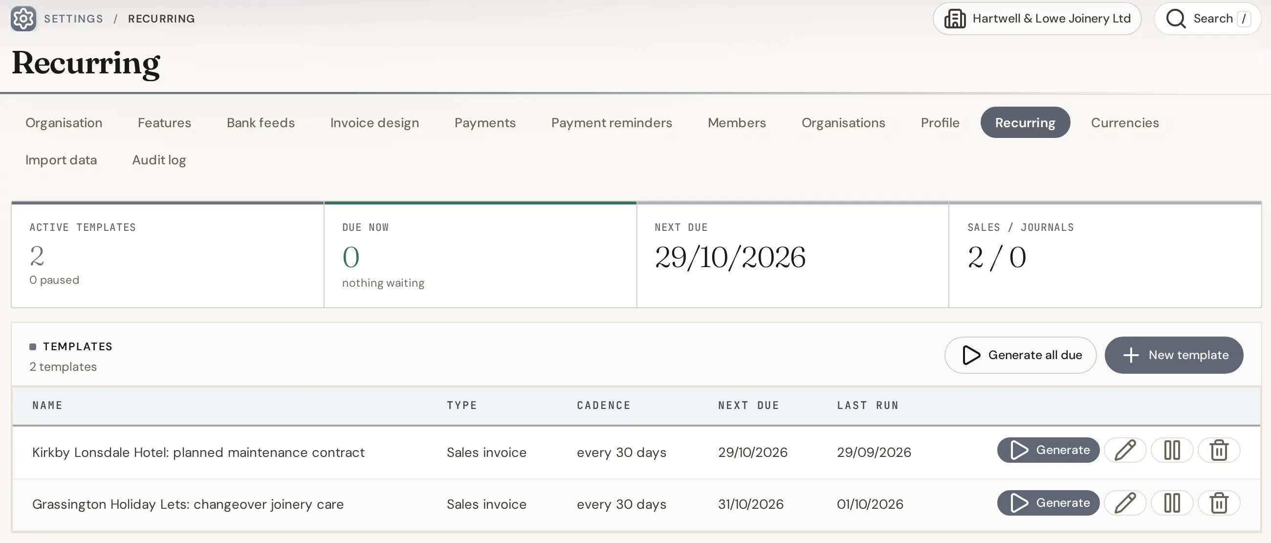 IQ Books recurring invoices: two active templates with their cadence, next due date and last run